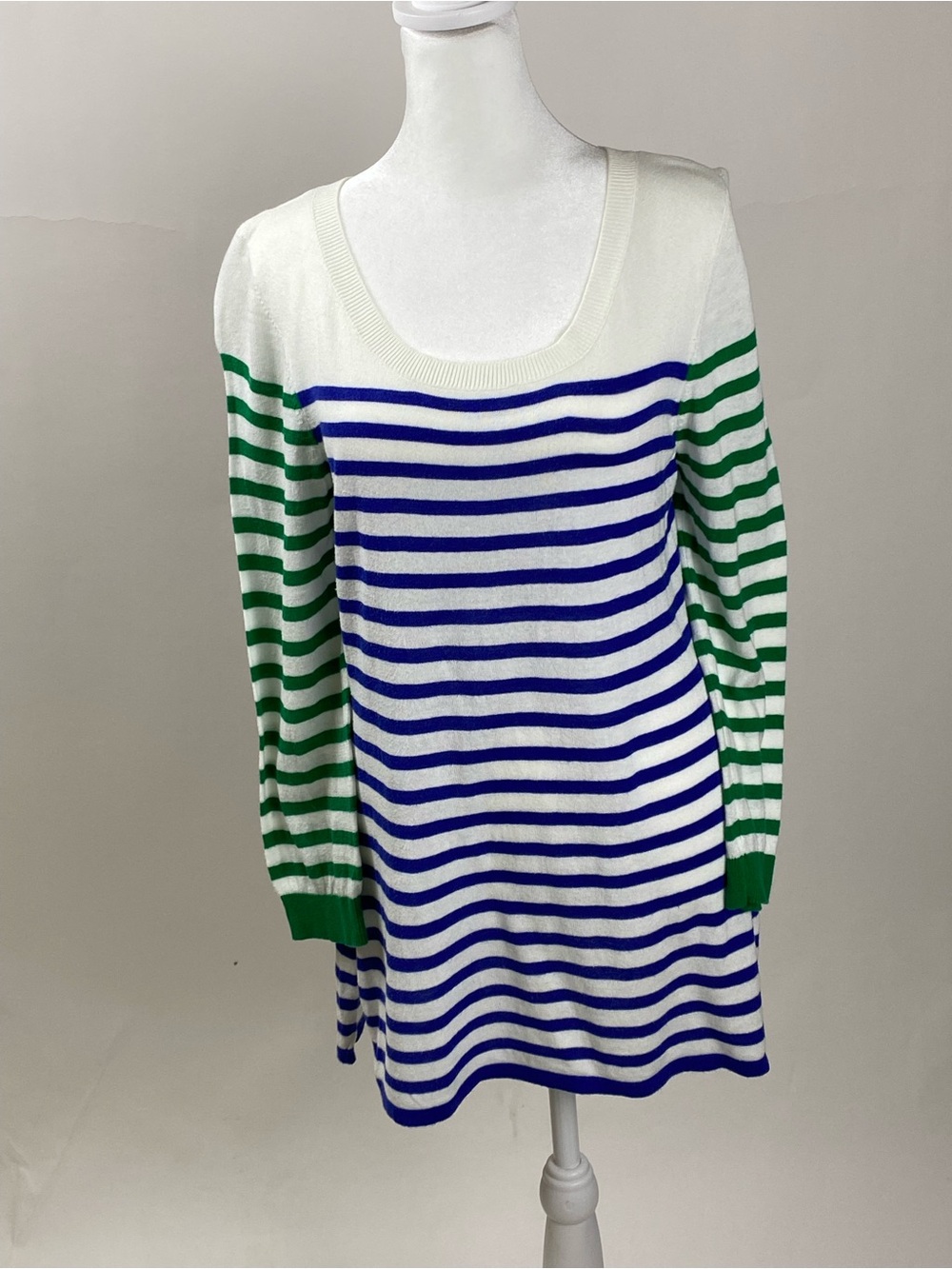 Striped Scoop Neck long Sweater in White, Blue & Green